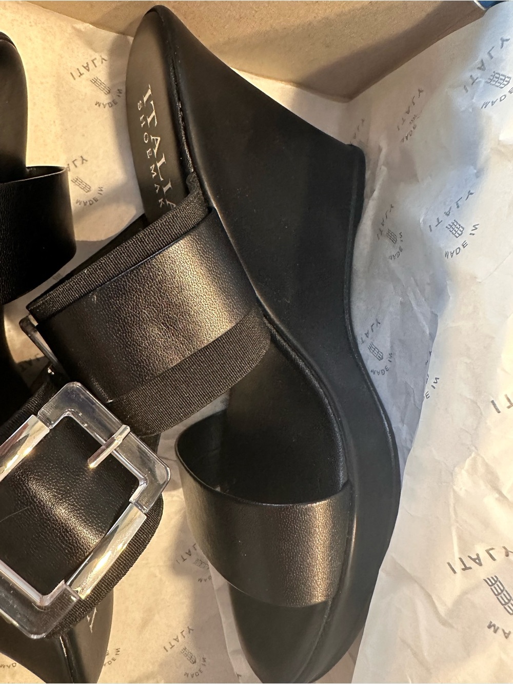 Italian Shoemakers Black Wedge Sandals with Clear Buckle Accent